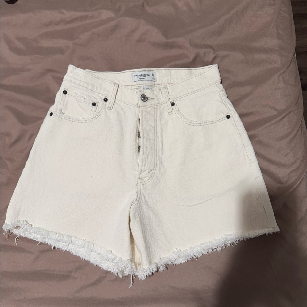 Abercrombie & Fitch Cream Jean Shorts with Frayed Hem